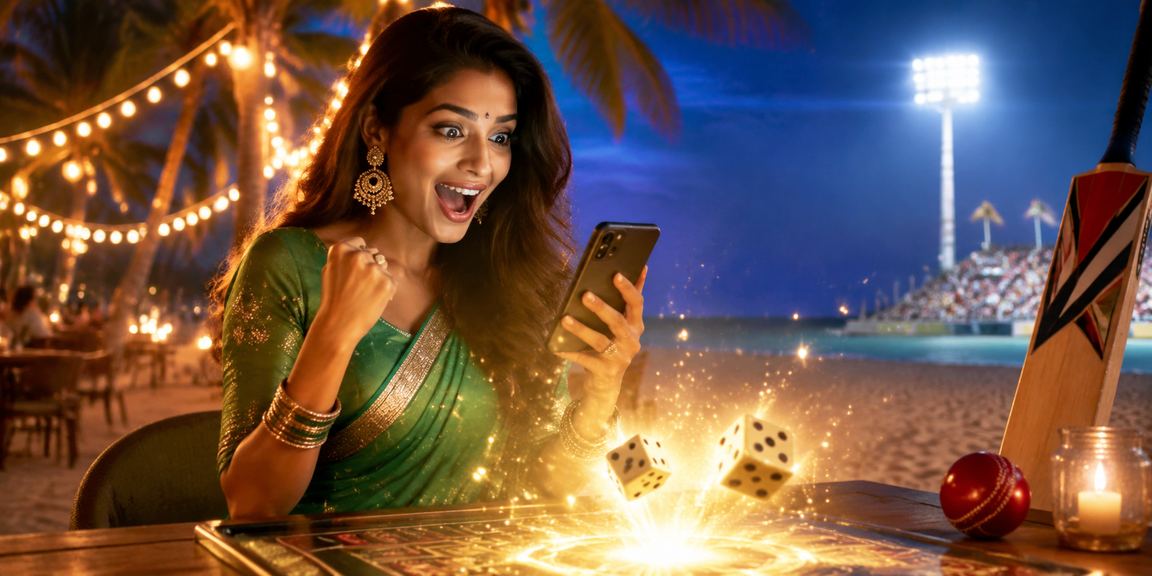 Player enjoying cricket betting on mobile with traditional Indian attire