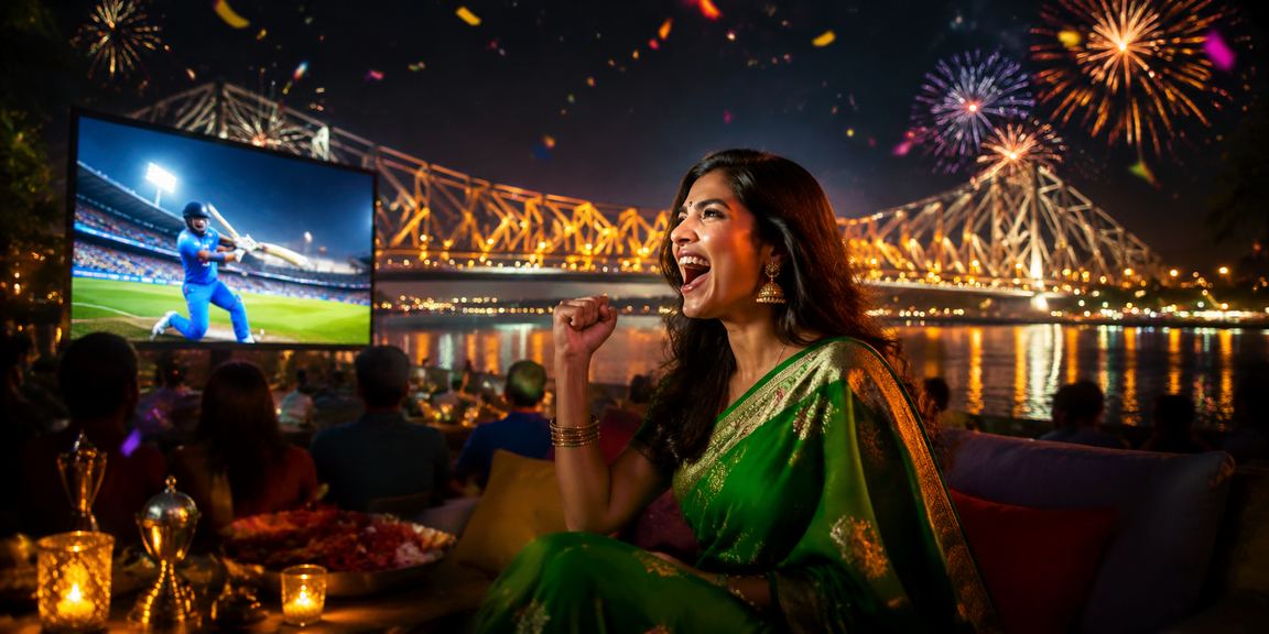 Beautiful Howrah Bridge and cricket betting enthusiast in saree